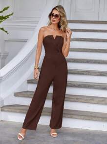 SHEIN Essnce Solid Slant Pocket Tube Jumpsuit - Chocolate Brown - View 4