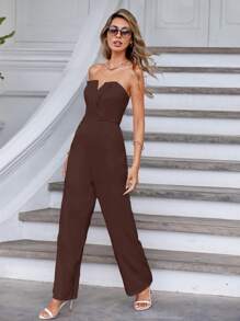 SHEIN Essnce Solid Slant Pocket Tube Jumpsuit - Chocolate Brown - View 5