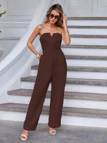 SHEIN Essnce Solid Slant Pocket Tube Jumpsuit - Chocolate Brown - View 6