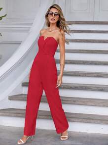 SHEIN Privé Mono tubo unicolor cortado en V - Rojo - Ver 3