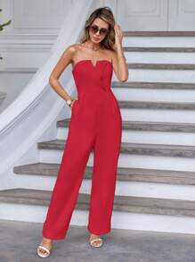 SHEIN Privé Mono tubo unicolor cortado en V - Rojo - Ver 4