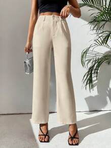 SHEIN PETITE High Waist Plicated Detail Straight Leg Trousers - Khaki - View 1