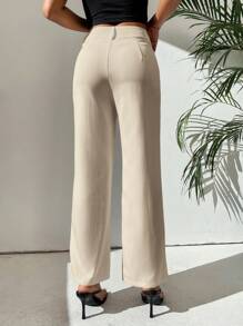 SHEIN PETITE High Waist Plicated Detail Straight Leg Trousers - Khaki - View 2