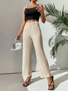 SHEIN PETITE High Waist Plicated Detail Straight Leg Trousers - Khaki - View 3