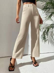 SHEIN PETITE High Waist Plicated Detail Straight Leg Trousers - Khaki - View 4
