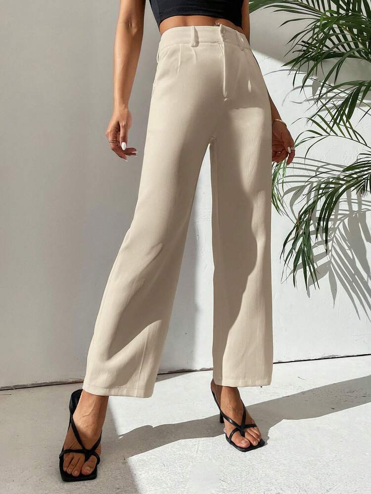 SHEIN PETITE Pantalones rectos de talle alto con fruncido - Caqui - Añade 4
