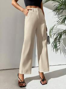 SHEIN PETITE High Waist Plicated Detail Straight Leg Trousers - Khaki - View 5