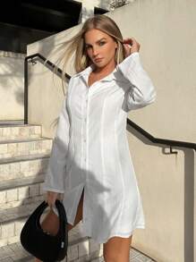 SHEIN EZwear Chất rắn Nút phía trước Váy sơ mi - trắng - Xem 4