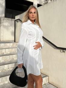 SHEIN EZwear Chất rắn Nút phía trước Váy sơ mi - trắng - Xem 5