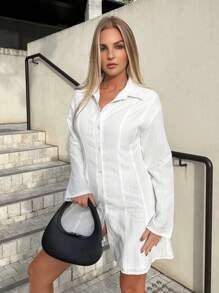 SHEIN EZwear Chất rắn Nút phía trước Váy sơ mi - trắng - Xem 6