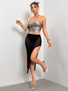 SHEIN ICON Xu hướng: Cắt giảm Tách đùi Váy dệt kim Không có quần trẻ con - màu đen - Xem 4