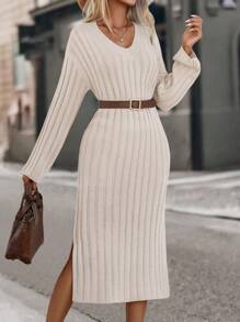 Ellegaria. Drop Shoulder Split Thigh Jumper Dress Without Belt - Apricot - View 1