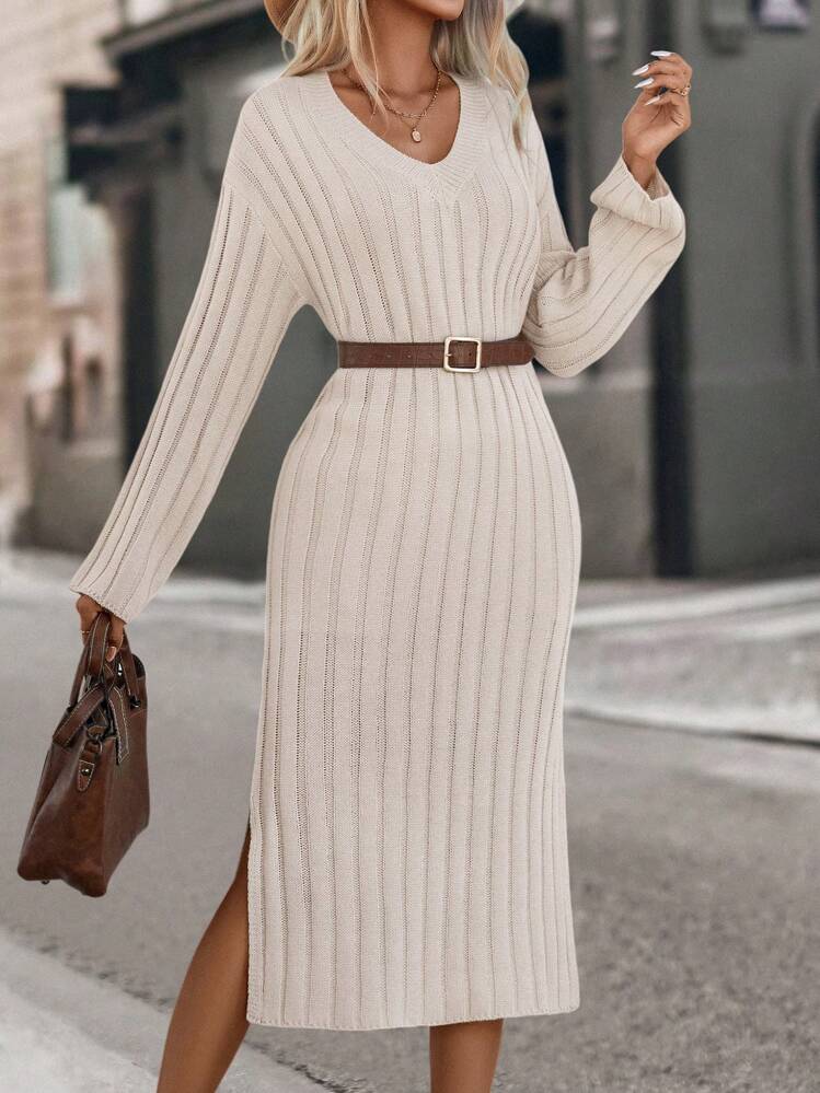 Ellegaria. כתף חשופה שסע בירך שמלות סריג ללא חגורה - משמש - ראה 1