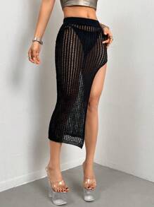 SHEIN ICON Xu hướng: Cắt giảm Tách đùi Váy dệt kim Không có quần trẻ con - màu đen - Xem 5