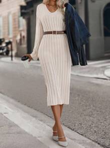 Ellegaria. Drop Shoulder Split Thigh Jumper Dress Without Belt - Apricot - View 3