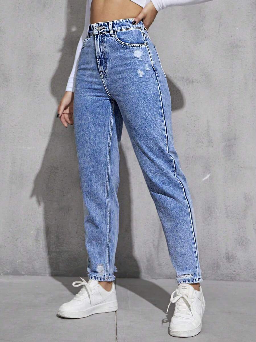 Ripped Mom Fit Jeans - Medium Wash - View 1