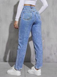 Ripped Mom Fit Jeans - Medium Wash - View 2