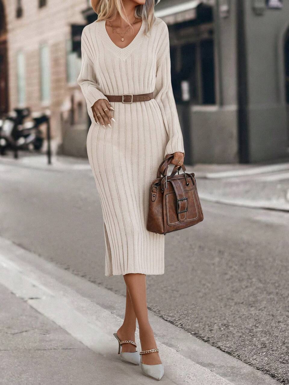 Drop Shoulder Split Thigh Sweater Dress Without Belt