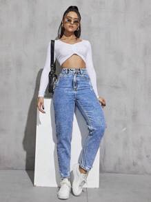 Ripped Mom Fit Jeans - Medium Wash - View 4