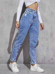 Ripped Mom Fit Jeans - Medium Wash - View 5