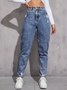 EMERY ROSE 女式高腰口袋做旧休闲百搭牛仔裤 - 中等水洗藍 - 查看 3