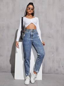 EMERY ROSE 女式高腰口袋做旧休闲百搭牛仔裤 - 中等水洗藍 - 查看 5