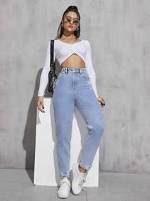 EMERY ROSE High Waist Ripped Mom Fit Jeans - Light Wash - View 4