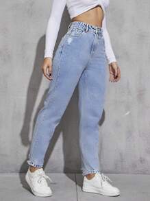 EMERY ROSE High Waist Ripped Mom Fit Jeans - Light Wash - View 5