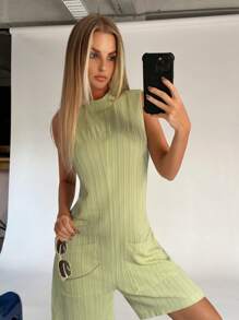 SHEIN EZwear Solid Dual Pocket Tank Romper - Green - View 1