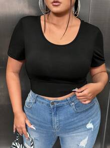 SHEIN SXY 大碼露背交叉短款T恤 - 黑色 - 查看 2