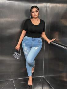 SHEIN SXY 大碼露背交叉短款T恤 - 黑色 - 查看 3