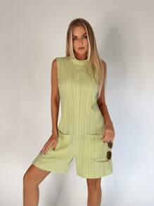 SHEIN EZwear Solid Dual Pocket Tank Romper - Green - View 3