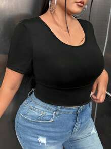 SHEIN SXY 大碼露背交叉短款T恤 - 黑色 - 查看 4