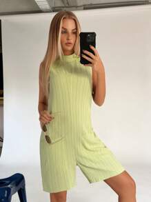 SHEIN EZwear Solid Dual Pocket Tank Romper - Green - View 4