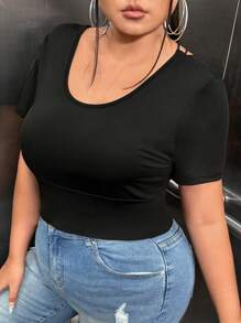 SHEIN SXY 大碼露背交叉短款T恤 - 黑色 - 查看 5