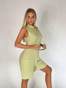 SHEIN EZwear Solid Dual Pocket Tank Romper - Green - View 5