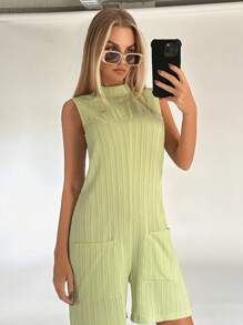 SHEIN EZwear Solid Dual Pocket Tank Romper - Green - View 6