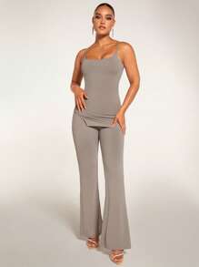 SHEIN BAE Solid Cami Top & Flare Leg Pants - Grey - View 3