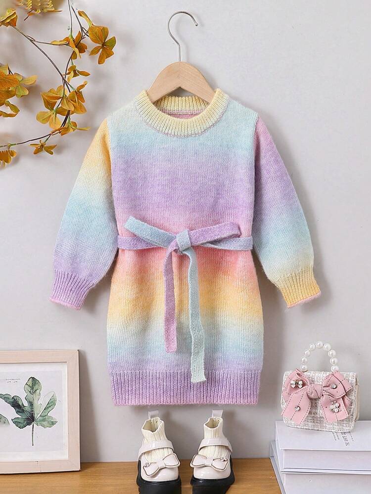 Baby Girl Ombre Lantern Sleeve Belted Sweater Dress