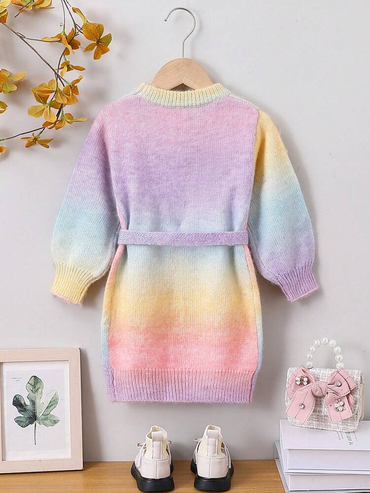Baby Girl Ombre Lantern Sleeve Belted Sweater Dress