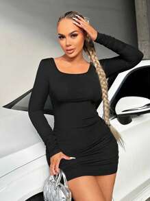 SHEIN SXY 性感露背 交叉 褶邊純色女士連衣裙 - 黑色 - 查看 2