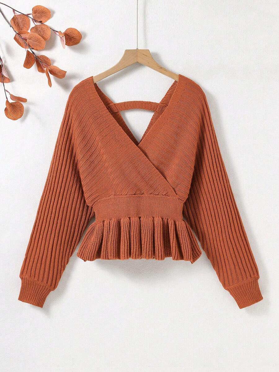 Tween Girl Surplice Neck Batwing Sleeve Ruffle Hem Jumper - Brown - View 1