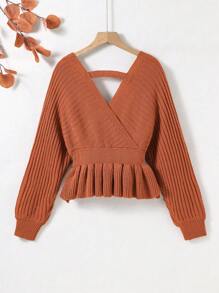 Tween Girl Surplice Neck Batwing Sleeve Ruffle Hem Jumper - Brown - View 2