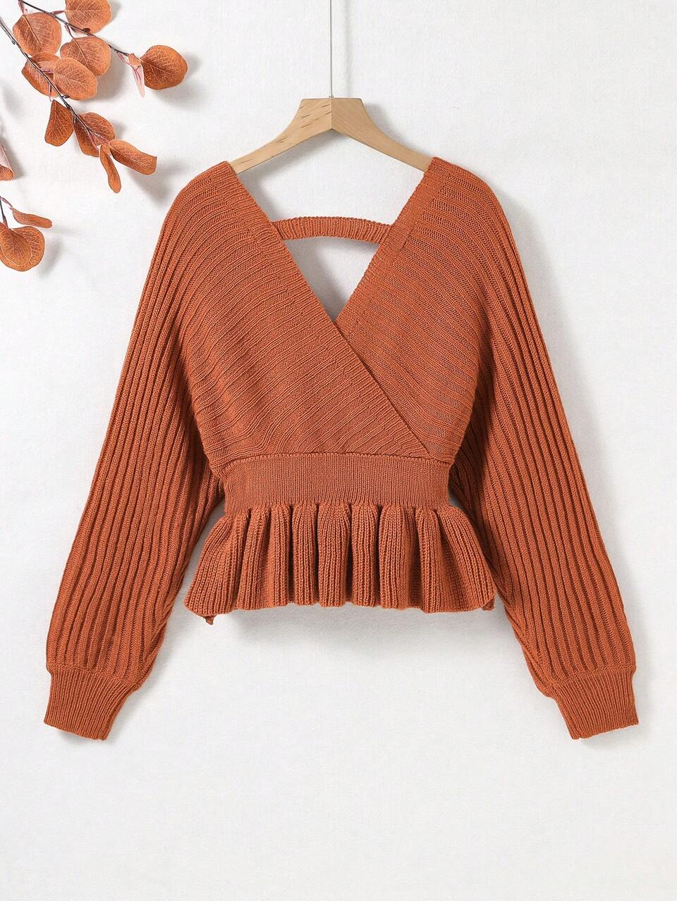 Teen Girl Surplice Neck Batwing Sleeve Ruffle Hem Sweater