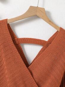 Tween Girl Surplice Neck Batwing Sleeve Ruffle Hem Jumper - Brown - View 3