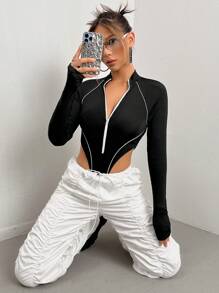 SHEIN ICON Contrast Piping Zip Front Raglan Sleeve Bodysuit - Black - View 2