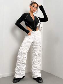 SHEIN ICON Contrast Piping Zip Front Raglan Sleeve Bodysuit - Black - View 3