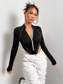 SHEIN ICON Contrast Piping Zip Front Raglan Sleeve Bodysuit - Black - View 4