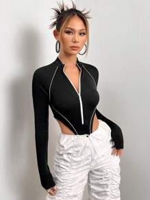 SHEIN ICON Contrast Piping Zip Front Raglan Sleeve Bodysuit - Black - View 5