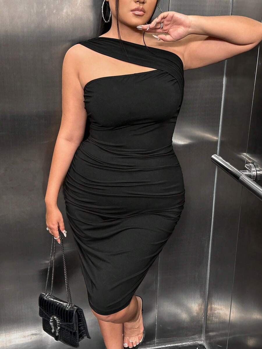 SHEIN SXY Plus One Shoulder Ruched Bodycon Dress - Black - View 1